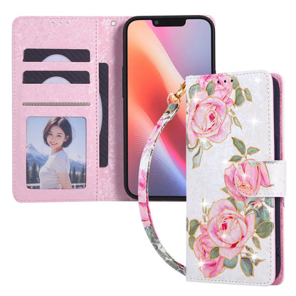 iPhone 16e Luxury Bronzing Leather Case - Floral RFID Wallet Cover with Stand & Card Slots