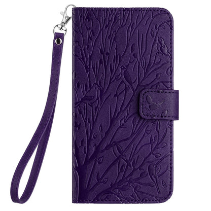 iPhone 15 Pro Embossed Leather Phone Case with Tree Birds Pattern, Hand Strap, Card Holder & Adjustable Stand - Shockproof Wallet Cover