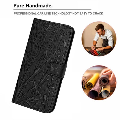 iPhone 15 Pro Embossed Leather Phone Case with Tree Birds Pattern, Hand Strap, Card Holder & Adjustable Stand - Shockproof Wallet Cover