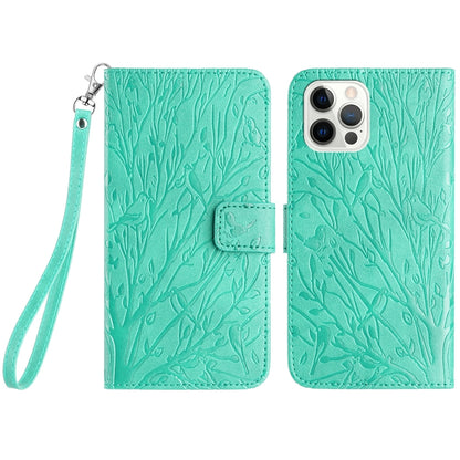 iPhone 15 Pro Embossed Leather Phone Case with Tree Birds Pattern, Hand Strap, Card Holder & Adjustable Stand - Shockproof Wallet Cover