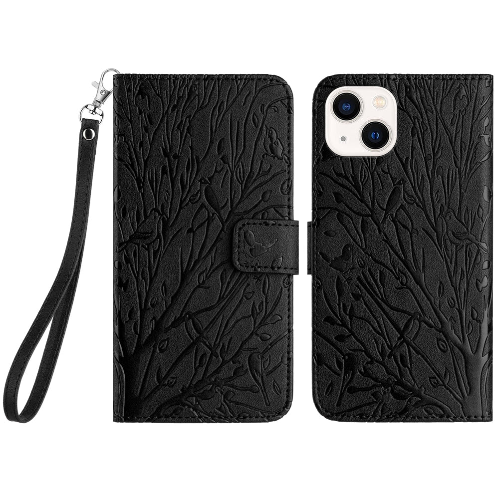 iPhone 15 Plus Embossed Leather Phone Case with Tree Birds Pattern, Hand Strap, Card Holder & Adjustable Stand - Shockproof Wallet Cover