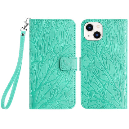 iPhone 15 Plus Embossed Leather Phone Case with Tree Birds Pattern, Hand Strap, Card Holder & Adjustable Stand - Shockproof Wallet Cover