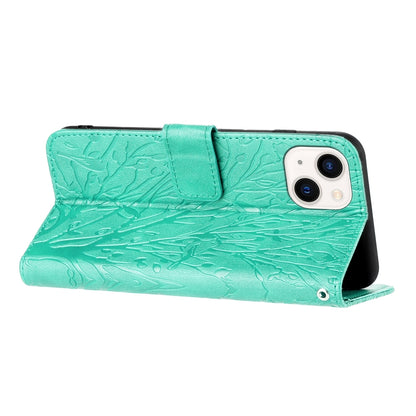 iPhone 15 Embossed Leather Phone Case with Tree Birds Pattern, Hand Strap, Card Holder & Adjustable Stand - Shockproof Wallet Cover