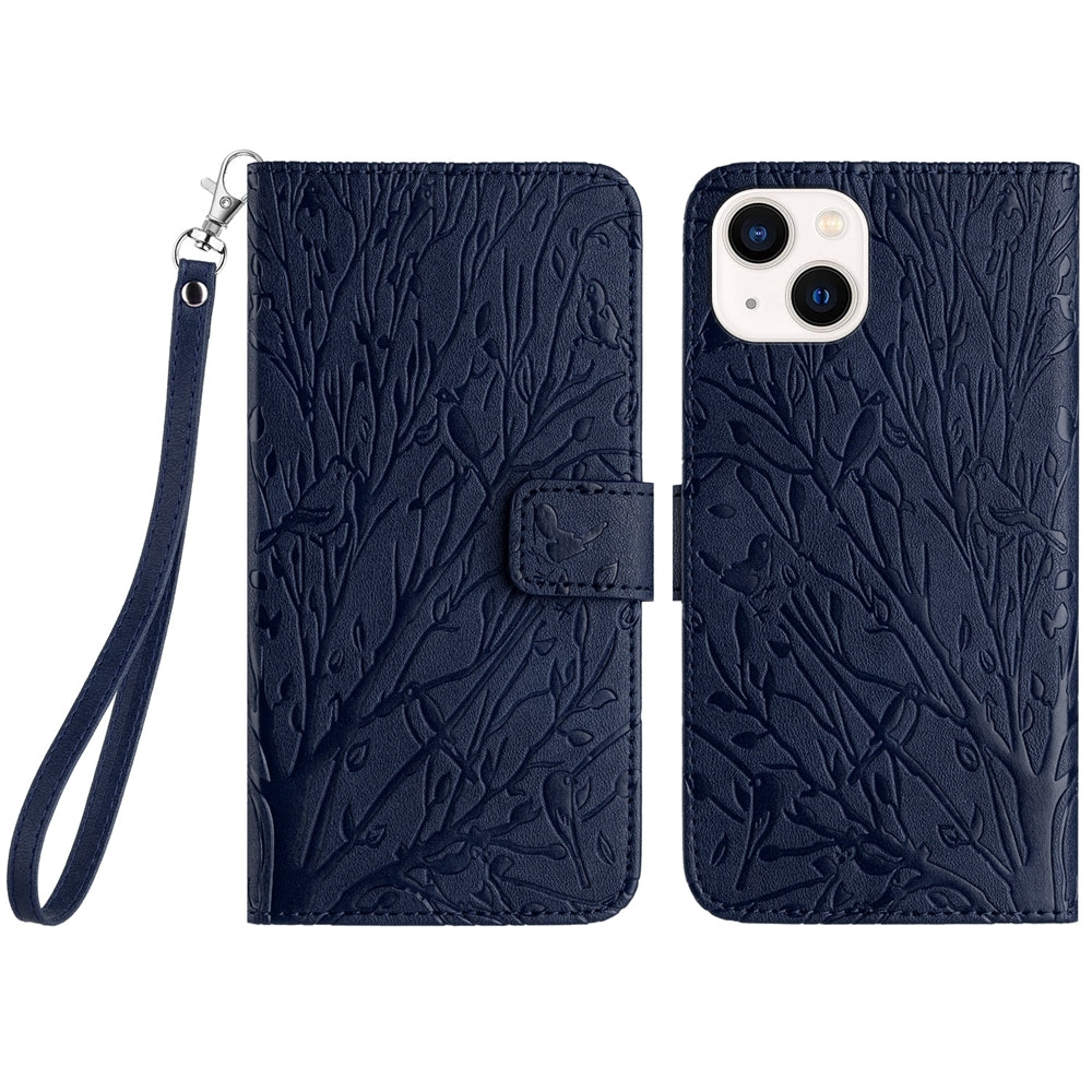 iPhone 15 Embossed Leather Phone Case with Tree Birds Pattern, Hand Strap, Card Holder & Adjustable Stand - Shockproof Wallet Cover