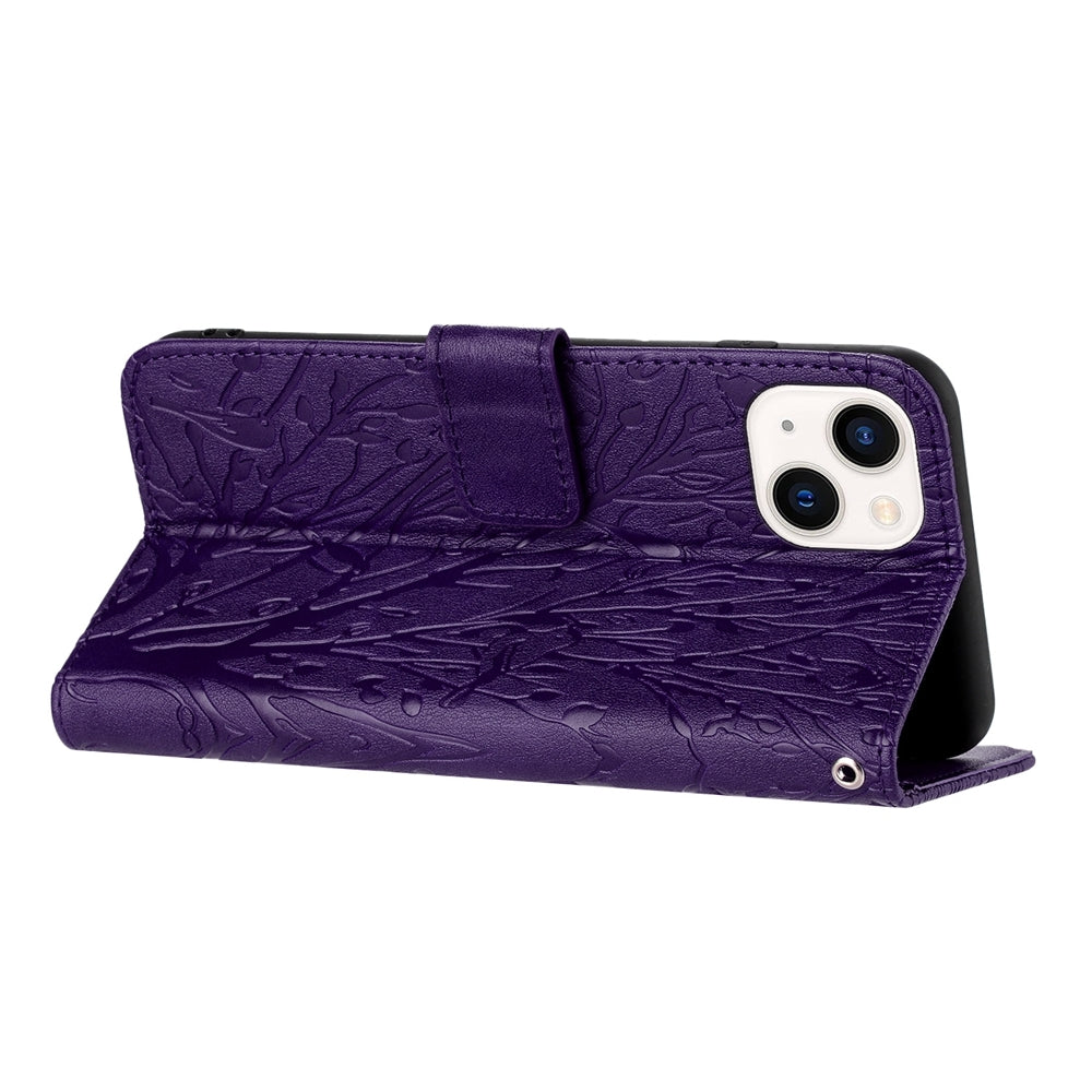 iPhone 14 Plus Embossed Leather Phone Case with Tree Birds Pattern, Hand Strap, Card Holder & Adjustable Stand - Shockproof Wallet Cover