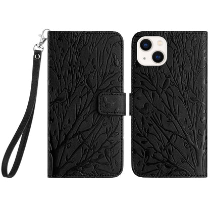 iPhone 14 Plus Embossed Leather Phone Case with Tree Birds Pattern, Hand Strap, Card Holder & Adjustable Stand - Shockproof Wallet Cover