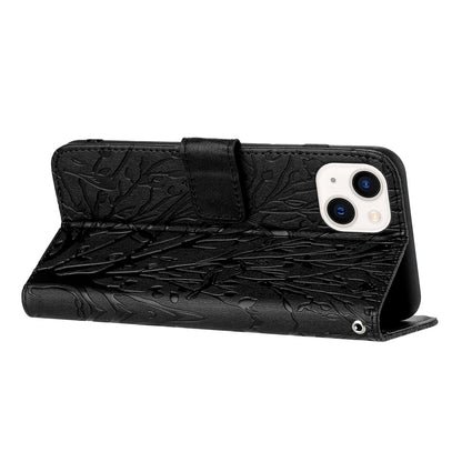 iPhone 14 Plus Embossed Leather Phone Case with Tree Birds Pattern, Hand Strap, Card Holder & Adjustable Stand - Shockproof Wallet Cover