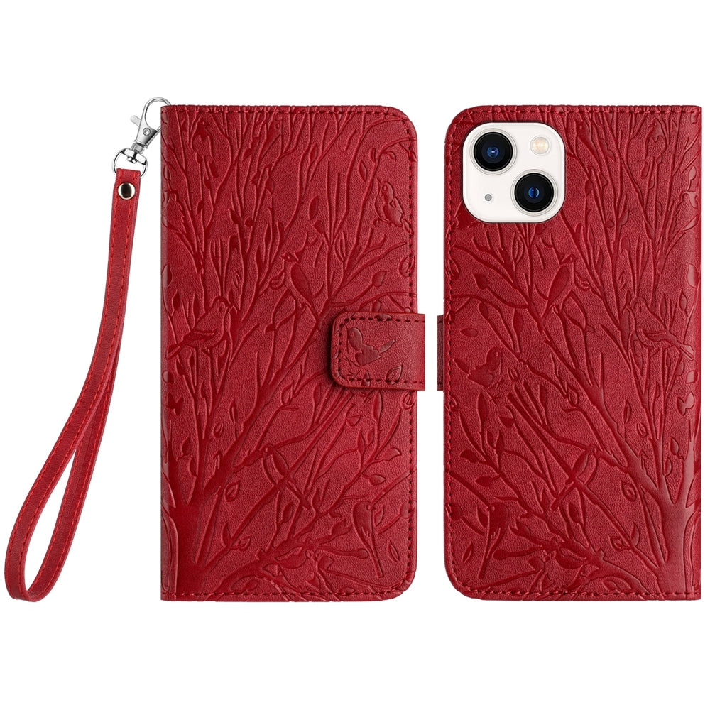 iPhone 14 Embossed Leather Phone Case with Tree Birds Pattern, Hand Strap, Card Holder & Adjustable Stand - Shockproof Wallet Cover