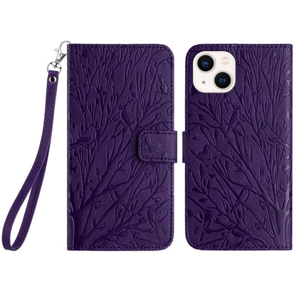 iPhone 14 Embossed Leather Phone Case with Tree Birds Pattern, Hand Strap, Card Holder & Adjustable Stand - Shockproof Wallet Cover