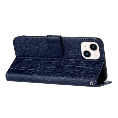 iPhone 14 Embossed Leather Phone Case with Tree Birds Pattern, Hand Strap, Card Holder & Adjustable Stand - Shockproof Wallet Cover
