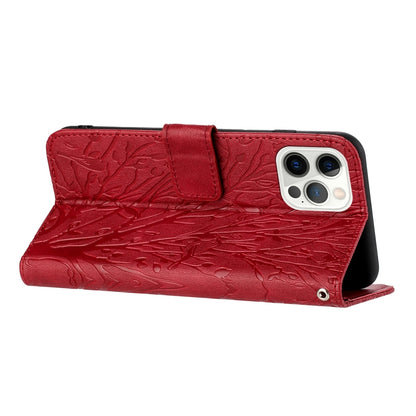 iPhone 14 Pro Embossed Leather Phone Case with Tree Birds Pattern, Hand Strap, Card Holder & Adjustable Stand - Shockproof Wallet Cover