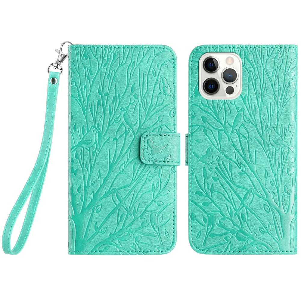 iPhone 14 Pro Embossed Leather Phone Case with Tree Birds Pattern, Hand Strap, Card Holder & Adjustable Stand - Shockproof Wallet Cover