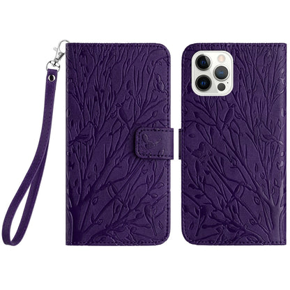 iPhone 14 Pro Max Embossed Leather Phone Case with Tree Birds Pattern, Hand Strap, Card Holder & Adjustable Stand - Shockproof Wallet Cover