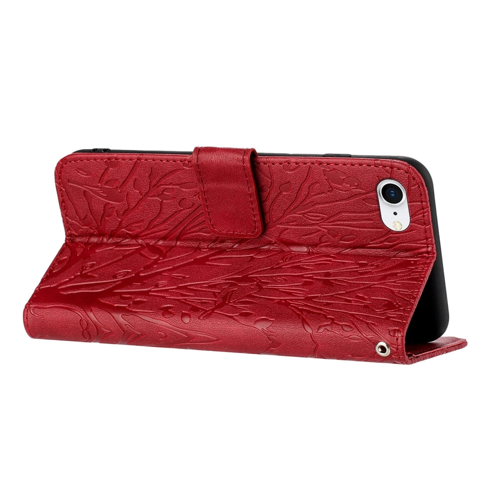 iPhone 6/7/8 Embossed Leather Phone Case with Tree Birds Pattern, Hand Strap, Card Holder & Adjustable Stand - Shockproof Wallet Cover