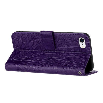 iPhone 6/7/8 Embossed Leather Phone Case with Tree Birds Pattern, Hand Strap, Card Holder & Adjustable Stand - Shockproof Wallet Cover