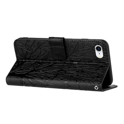 iPhone 6/7/8 Embossed Leather Phone Case with Tree Birds Pattern, Hand Strap, Card Holder & Adjustable Stand - Shockproof Wallet Cover