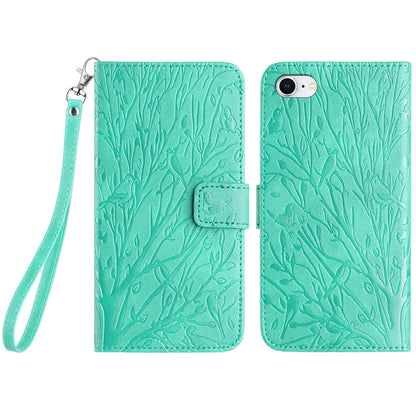 iPhone 6/7/8 Embossed Leather Phone Case with Tree Birds Pattern, Hand Strap, Card Holder & Adjustable Stand - Shockproof Wallet Cover
