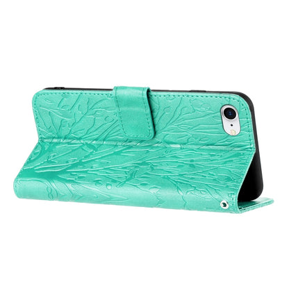 iPhone SE 2022/SE 2020 Embossed Leather Phone Case with Tree Birds Pattern, Hand Strap, Card Holder & Adjustable Stand - Shockproof Wallet Cover