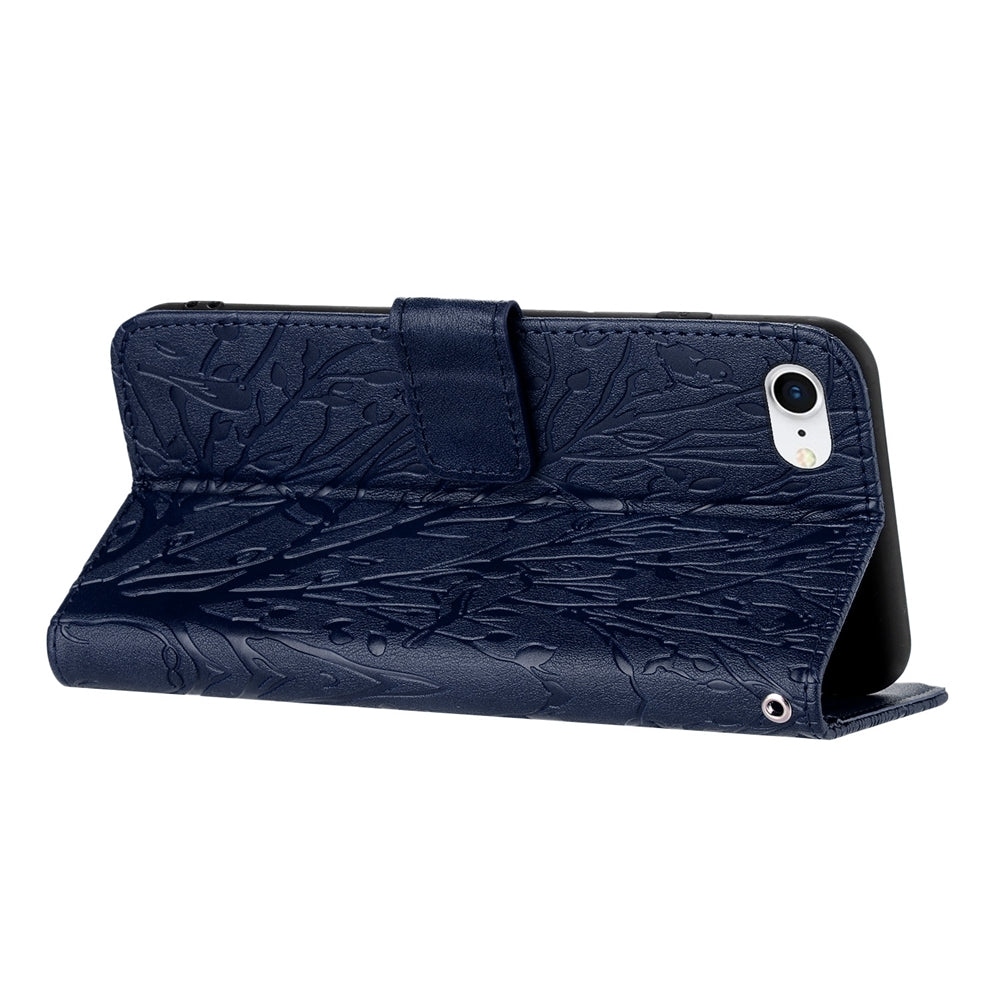 iPhone 6/7/8 Embossed Leather Phone Case with Tree Birds Pattern, Hand Strap, Card Holder & Adjustable Stand - Shockproof Wallet Cover