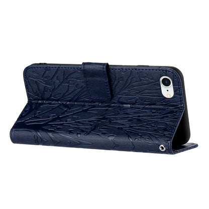 iPhone 6/7/8 Embossed Leather Phone Case with Tree Birds Pattern, Hand Strap, Card Holder & Adjustable Stand - Shockproof Wallet Cover