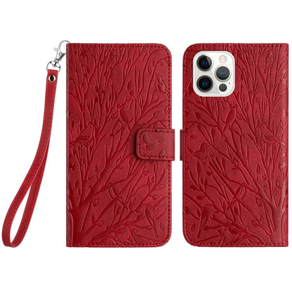 iPhone 13 Pro Max Embossed Leather Phone Case with Tree Birds Pattern, Hand Strap, Card Holder & Adjustable Stand - Shockproof Wallet Cover