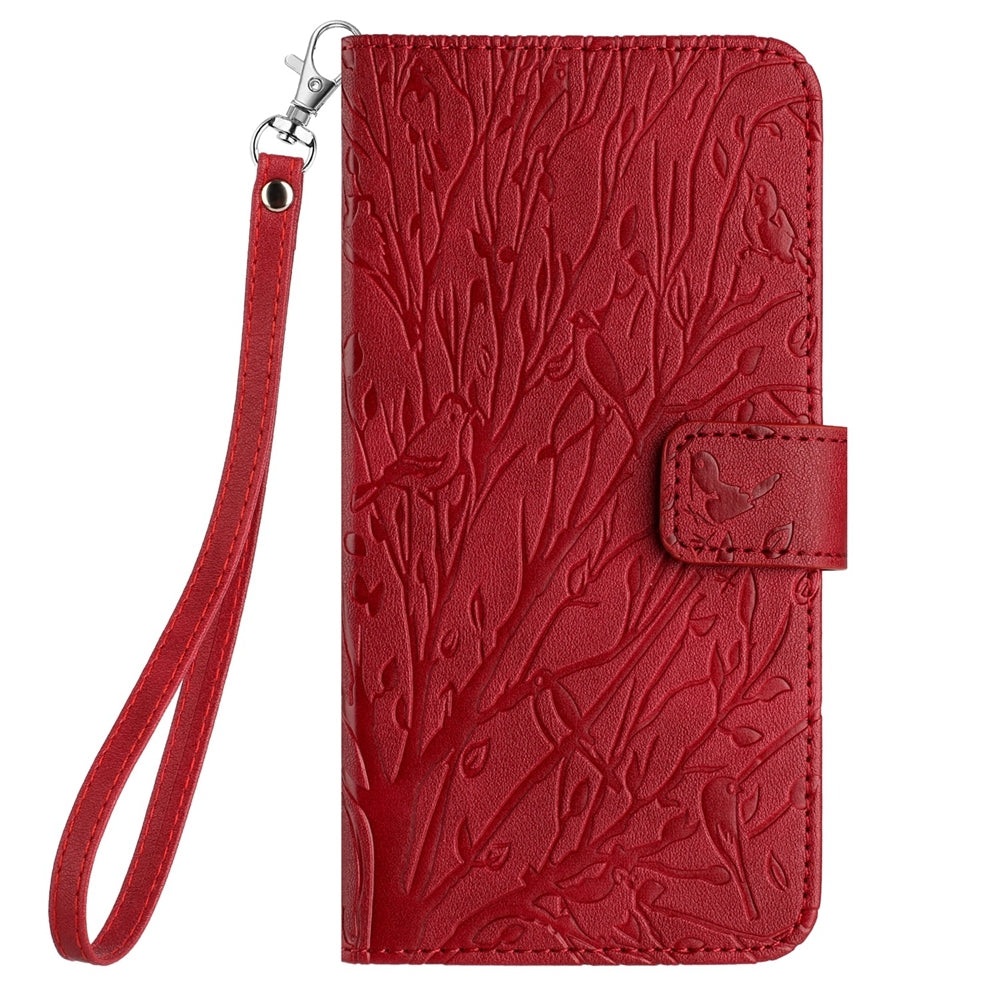 iPhone 13 Pro Max Embossed Leather Phone Case with Tree Birds Pattern, Hand Strap, Card Holder & Adjustable Stand - Shockproof Wallet Cover