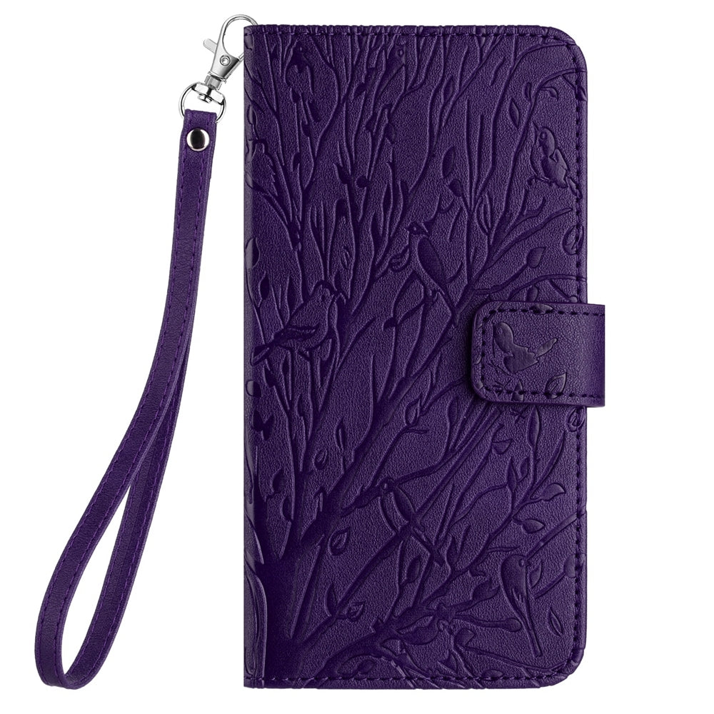 iPhone 13 Pro Max Embossed Leather Phone Case with Tree Birds Pattern, Hand Strap, Card Holder & Adjustable Stand - Shockproof Wallet Cover