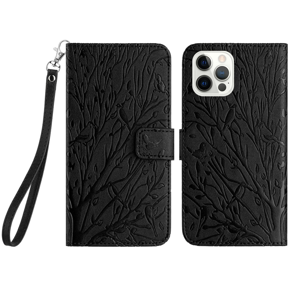 iPhone 13 Pro Max Embossed Leather Phone Case with Tree Birds Pattern, Hand Strap, Card Holder & Adjustable Stand - Shockproof Wallet Cover