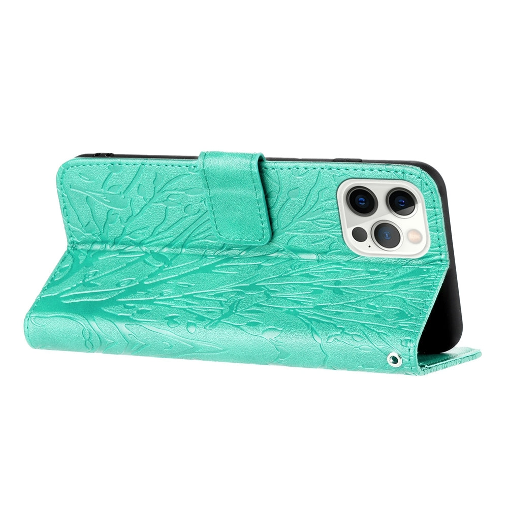 iPhone 13 Pro Max Embossed Leather Phone Case with Tree Birds Pattern, Hand Strap, Card Holder & Adjustable Stand - Shockproof Wallet Cover