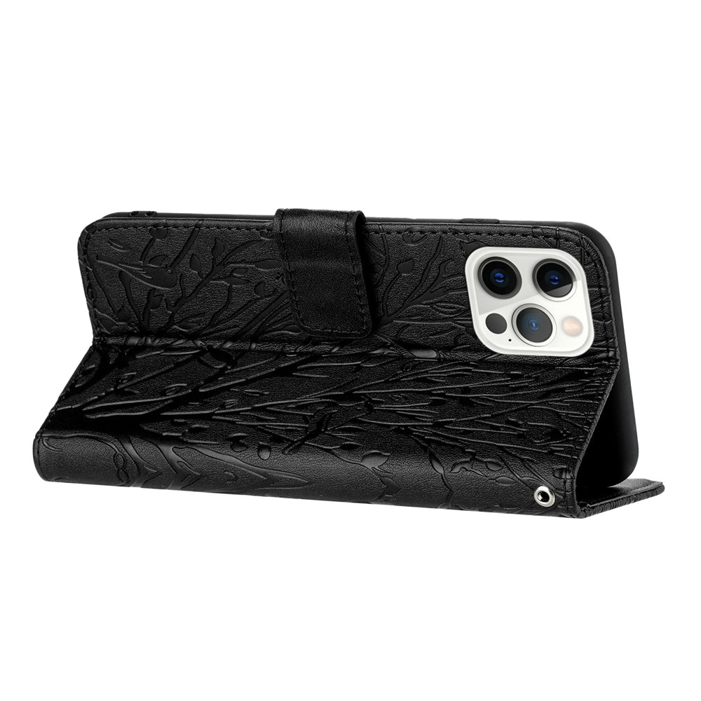 iPhone 13 Pro Embossed Leather Phone Case with Tree Birds Pattern, Hand Strap, Card Holder & Adjustable Stand - Shockproof Wallet Cover