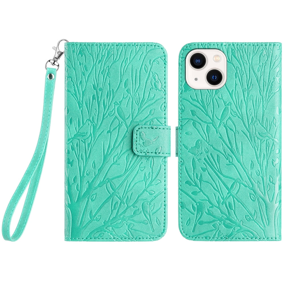 iPhone 13 Embossed Leather Phone Case with Tree Birds Pattern, Hand Strap, Card Holder & Adjustable Stand - Shockproof Wallet Cover