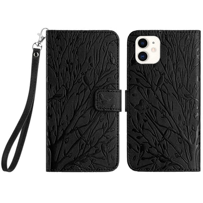 iPhone 12 Embossed Leather Phone Case with Tree Birds Pattern, Hand Strap, Card Holder & Adjustable Stand - Shockproof Wallet Cover