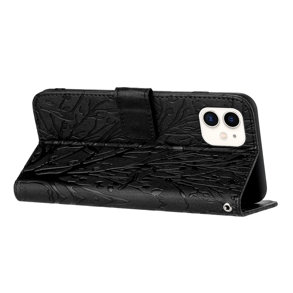 iPhone 12 Embossed Leather Phone Case with Tree Birds Pattern, Hand Strap, Card Holder & Adjustable Stand - Shockproof Wallet Cover