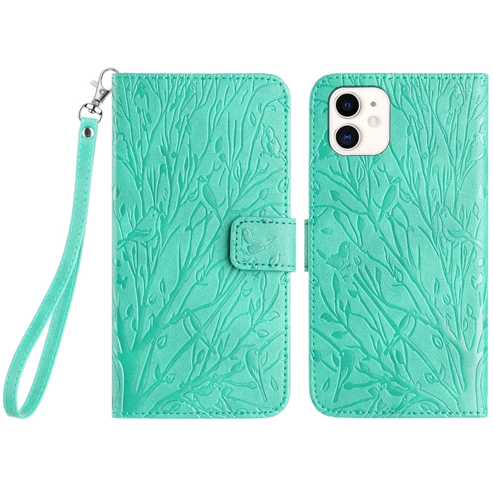 iPhone 12 Embossed Leather Phone Case with Tree Birds Pattern, Hand Strap, Card Holder & Adjustable Stand - Shockproof Wallet Cover