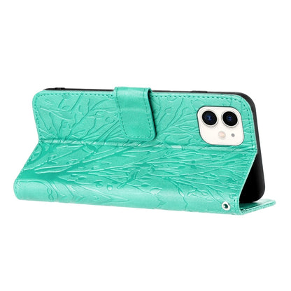 iPhone 12 Embossed Leather Phone Case with Tree Birds Pattern, Hand Strap, Card Holder & Adjustable Stand - Shockproof Wallet Cover