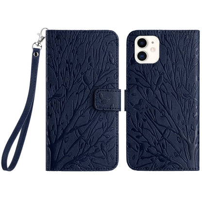 iPhone 12 Embossed Leather Phone Case with Tree Birds Pattern, Hand Strap, Card Holder & Adjustable Stand - Shockproof Wallet Cover
