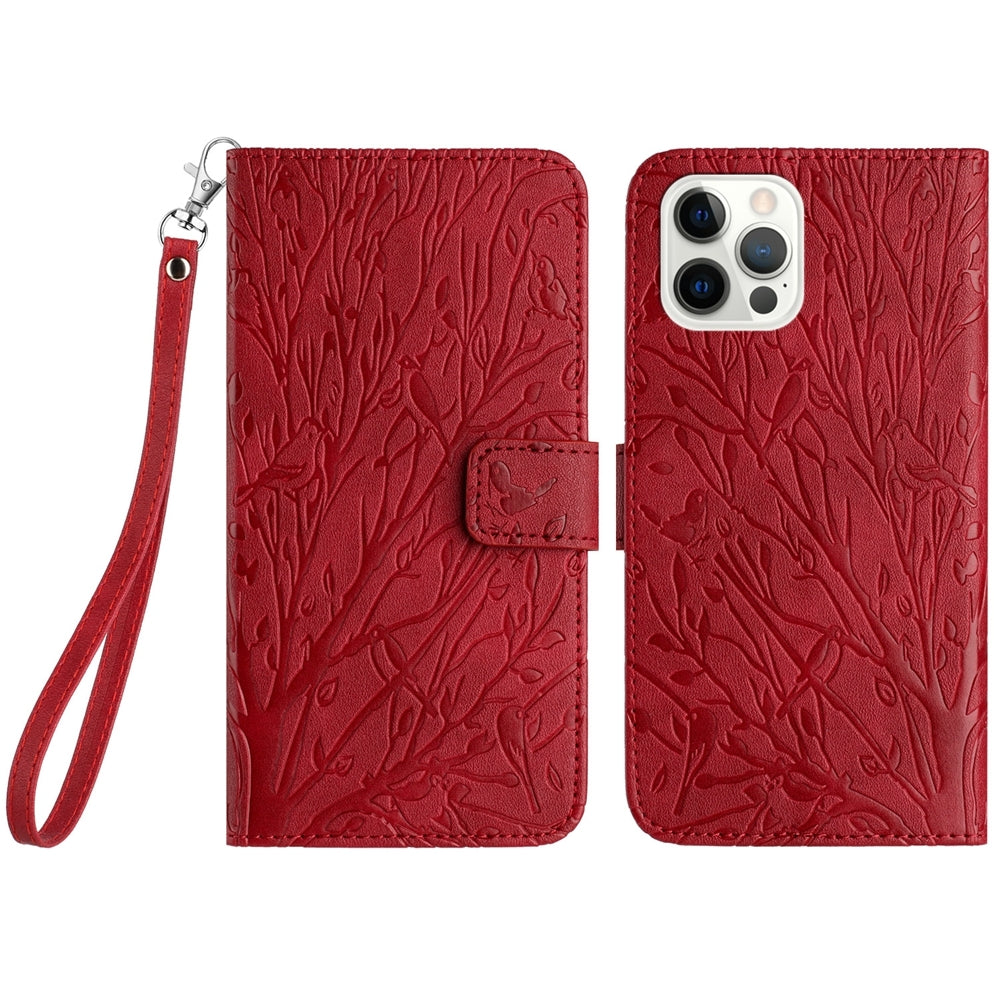 iPhone 12 Pro Embossed Leather Phone Case with Tree Birds Pattern, Hand Strap, Card Holder & Adjustable Stand - Shockproof Wallet Cover