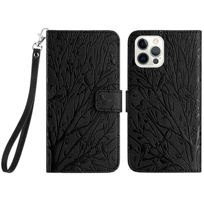 iPhone 12 Pro Embossed Leather Phone Case with Tree Birds Pattern, Hand Strap, Card Holder & Adjustable Stand - Shockproof Wallet Cover