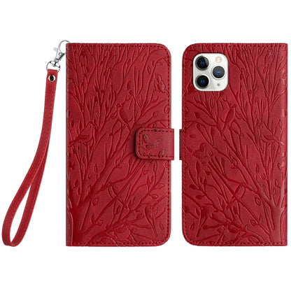 iPhone 11 Pro Max Embossed Leather Phone Case with Tree Birds Pattern, Hand Strap, Card Holder & Adjustable Stand - Shockproof Wallet Cover