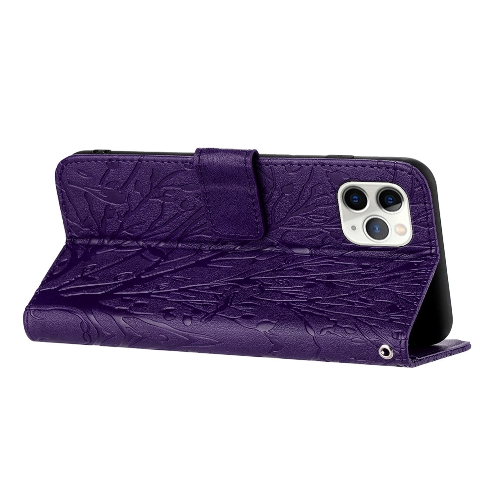 iPhone 11 Pro Max Embossed Leather Phone Case with Tree Birds Pattern, Hand Strap, Card Holder & Adjustable Stand - Shockproof Wallet Cover