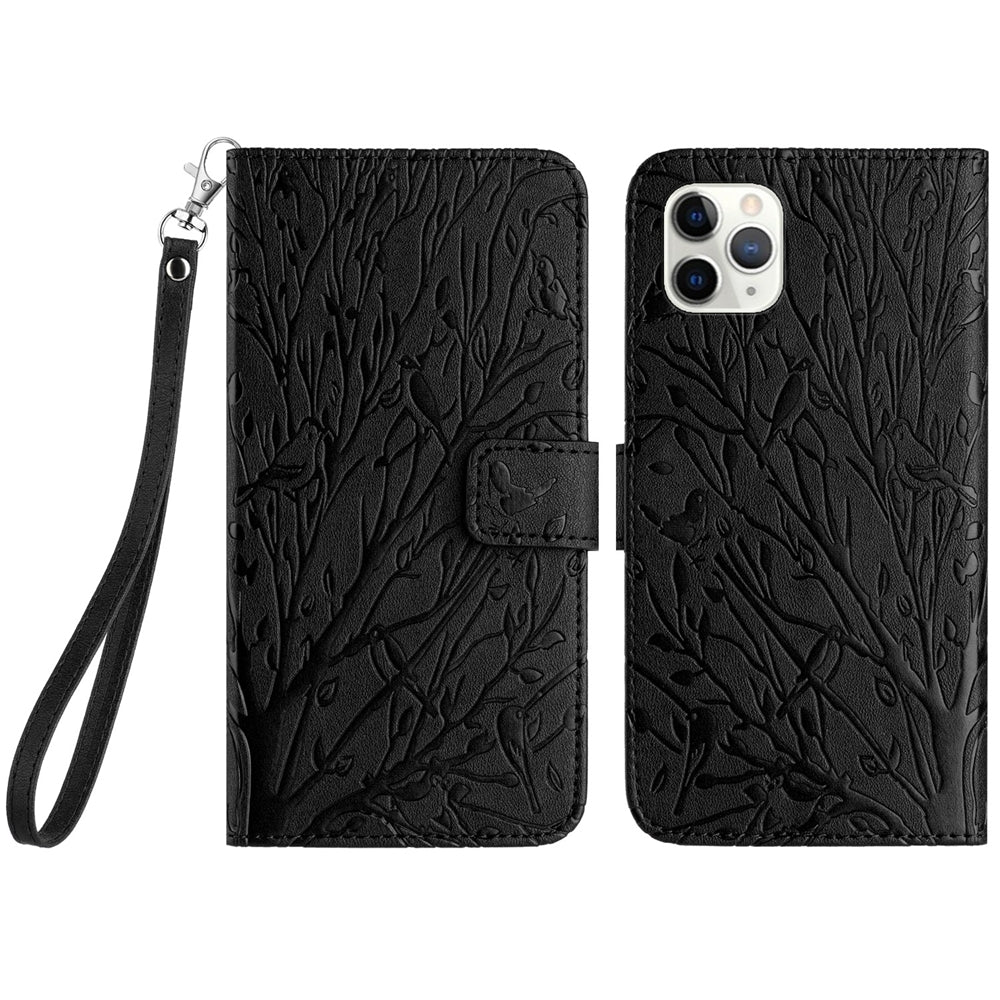 iPhone 11 Pro Max Embossed Leather Phone Case with Tree Birds Pattern, Hand Strap, Card Holder & Adjustable Stand - Shockproof Wallet Cover