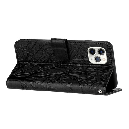 iPhone 11 Pro Max Embossed Leather Phone Case with Tree Birds Pattern, Hand Strap, Card Holder & Adjustable Stand - Shockproof Wallet Cover