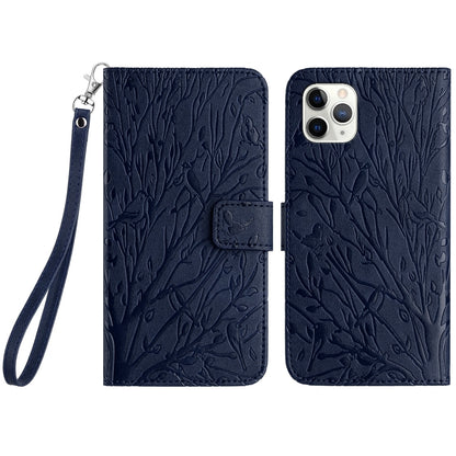 iPhone 11 Pro Max Embossed Leather Phone Case with Tree Birds Pattern, Hand Strap, Card Holder & Adjustable Stand - Shockproof Wallet Cover