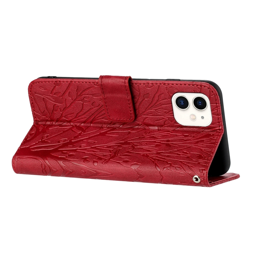 iPhone 11 Embossed Leather Phone Case with Tree Birds Pattern, Hand Strap, Card Holder & Adjustable Stand - Shockproof Wallet Cover