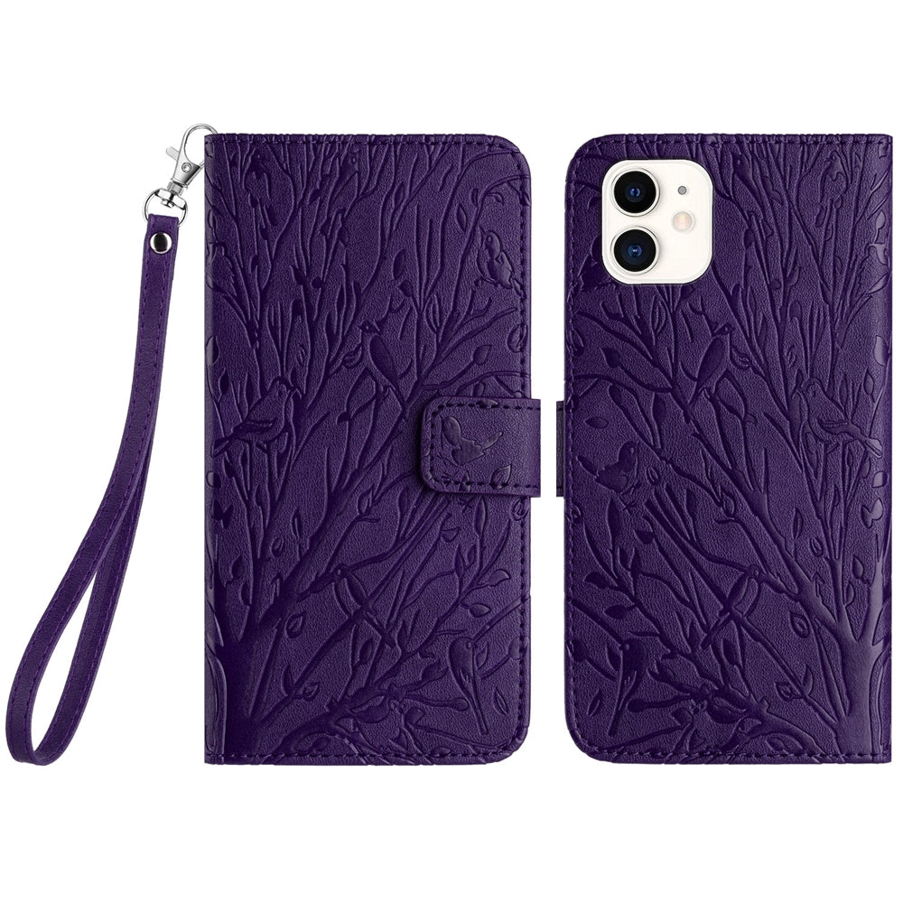 iPhone 11 Embossed Leather Phone Case with Tree Birds Pattern, Hand Strap, Card Holder & Adjustable Stand - Shockproof Wallet Cover