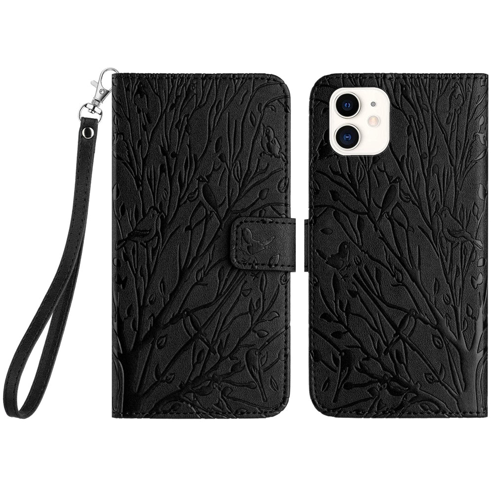 iPhone 11 Embossed Leather Phone Case with Tree Birds Pattern, Hand Strap, Card Holder & Adjustable Stand - Shockproof Wallet Cover