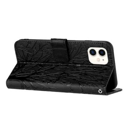 iPhone 11 Embossed Leather Phone Case with Tree Birds Pattern, Hand Strap, Card Holder & Adjustable Stand - Shockproof Wallet Cover