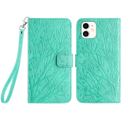 iPhone 11 Embossed Leather Phone Case with Tree Birds Pattern, Hand Strap, Card Holder & Adjustable Stand - Shockproof Wallet Cover
