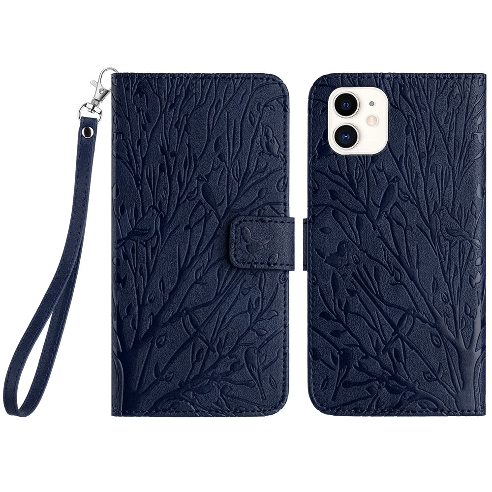 iPhone 11 Embossed Leather Phone Case with Tree Birds Pattern, Hand Strap, Card Holder & Adjustable Stand - Shockproof Wallet Cover