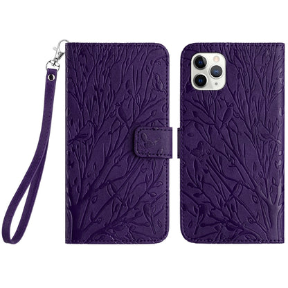 iPhone 11 Pro Embossed Leather Phone Case with Tree Birds Pattern, Hand Strap, Card Holder & Adjustable Stand - Shockproof Wallet Cover